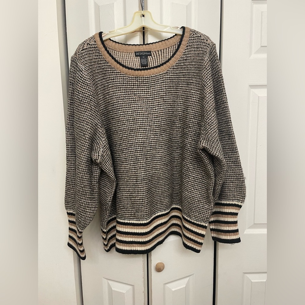 NWT Design 365 brown sweater with striped trim around wrist and waist